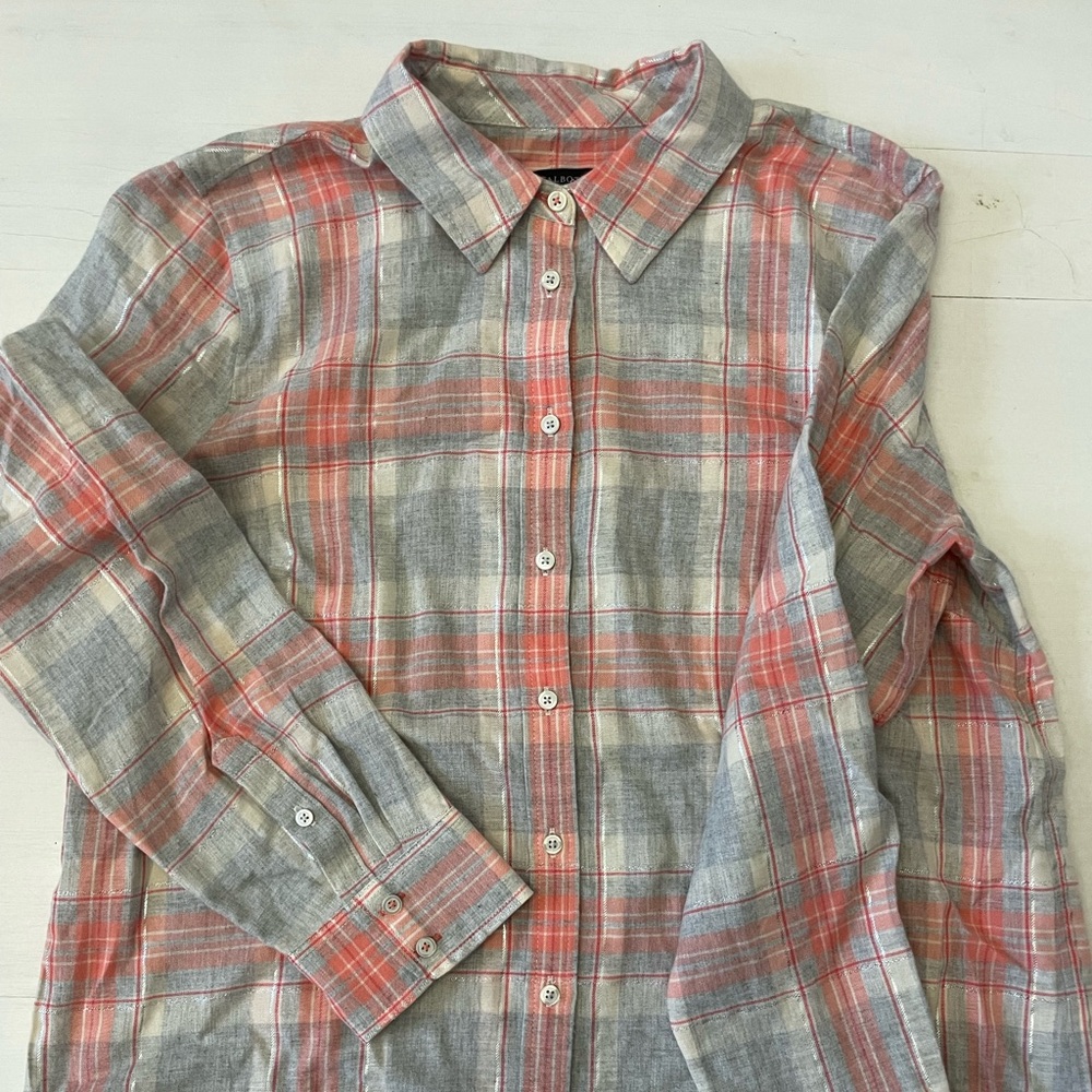 Talbots Women’s Gray and Peach Plaid Shirt with glittery strips